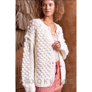 POL Crochet Patchwork Frayed Edge Half Button Knit Top